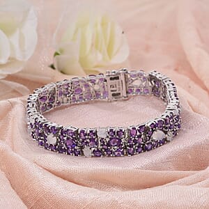 African Amethyst and Moon Glow Moonstone 28.25 ctw Celestial Bloom Bracelet in Rhodium Over Sterling Silver (7.25 In)