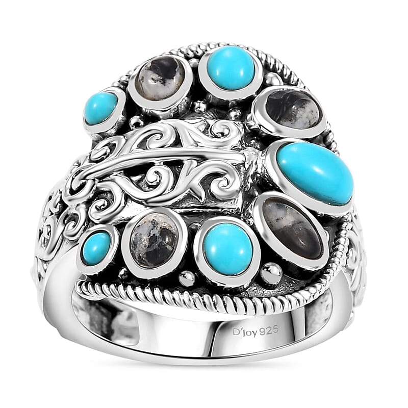 D'Joy Indian Artisan Crafted Sleeping Beauty Turquoise and White Buffalo 2.10 ctw Buckle Ring in Black Oxidized Sterling Silver (Size 10.0)