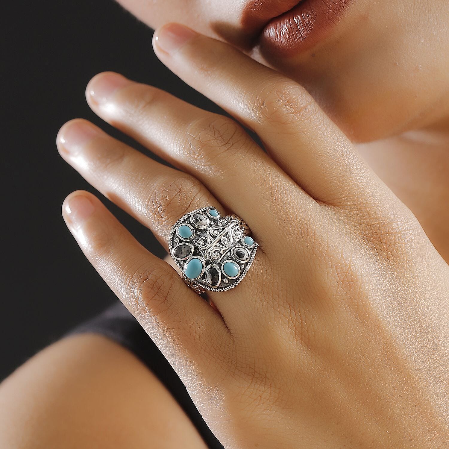 D'Joy Indian Artisan Crafted Sleeping Beauty Turquoise and White Buffalo 2.10 ctw Buckle Ring in Black Oxidized Sterling Silver (Size 10.0)