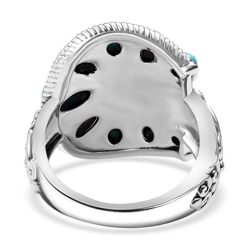 D'Joy Indian Artisan Crafted Sleeping Beauty Turquoise and White Buffalo 2.10 ctw Buckle Ring in Black Oxidized Sterling Silver (Size 10.0)