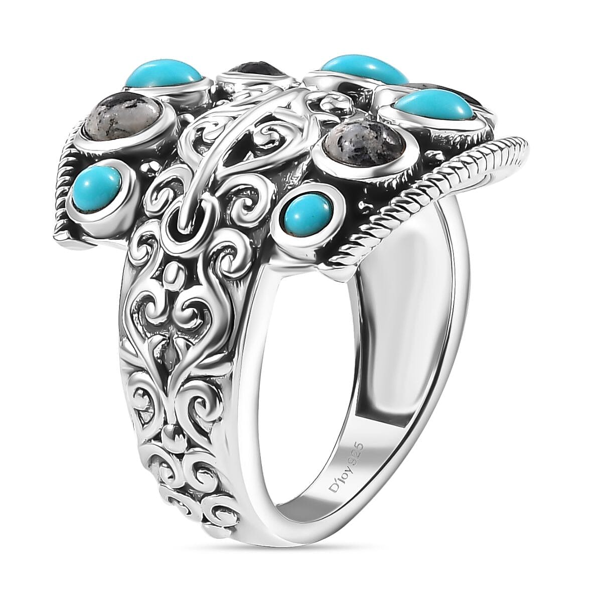 D'Joy Indian Artisan Crafted Sleeping Beauty Turquoise and White Buffalo 2.10 ctw Buckle Ring in Black Oxidized Sterling Silver (Size 5.0) image number 3