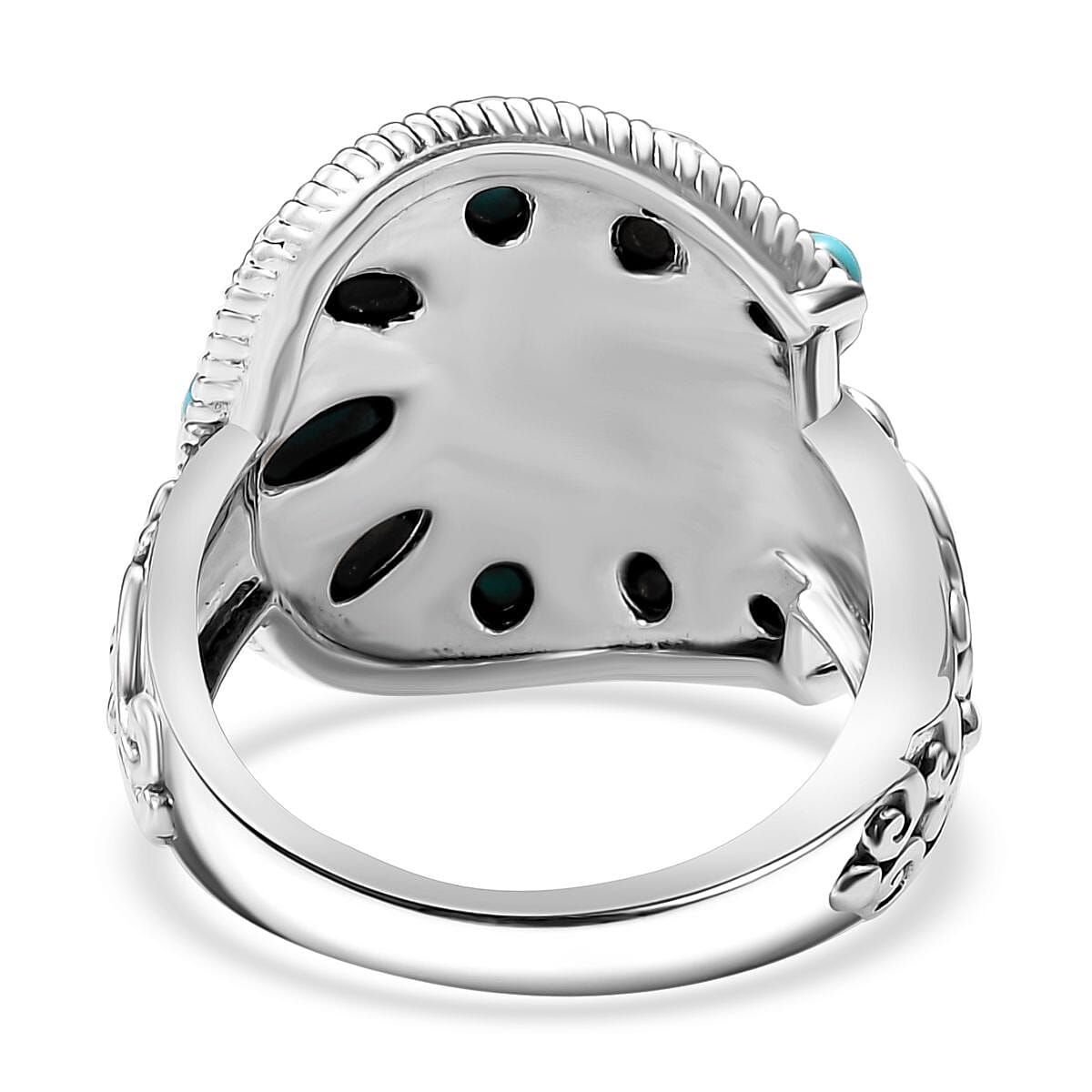 D'Joy Indian Artisan Crafted Sleeping Beauty Turquoise and White Buffalo 2.10 ctw Buckle Ring in Black Oxidized Sterling Silver (Size 5.0) image number 4
