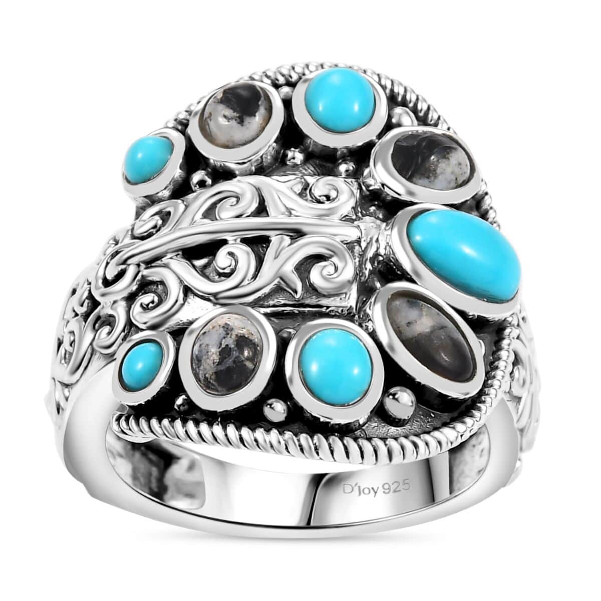 Artisan Crafted Sleeping Beauty Turquoise and White Buffalo 2.10 ctw Buckle Ring in Black Oxidized Sterling Silver (Size 7.0) image number 0