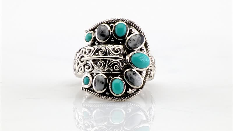 Artisan Crafted Lagoon Turquoise, White Buffalo Ring in Black Oxidized Sterling Silver (Size 7.0) 2.10 ctw