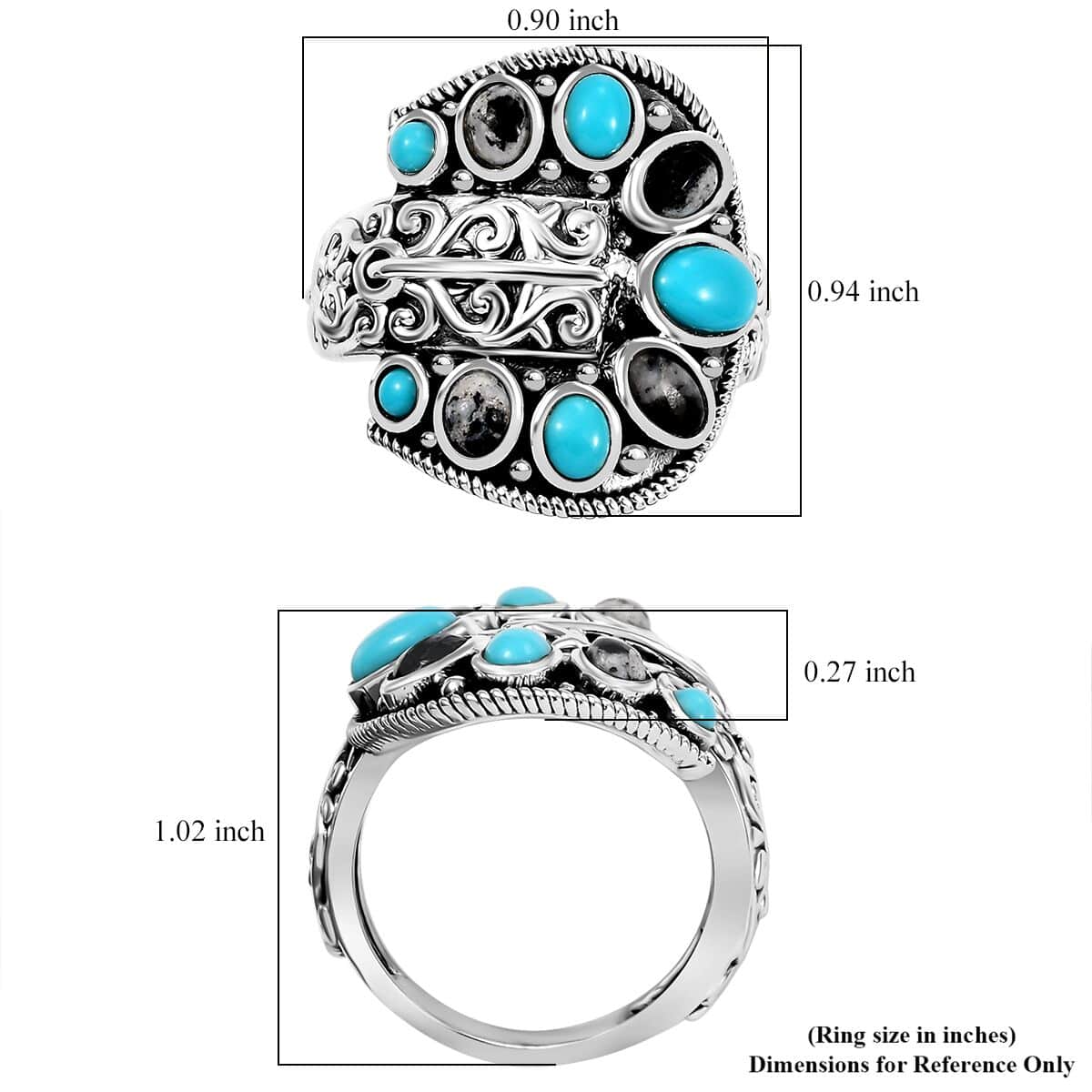 Artisan Crafted Sleeping Beauty Turquoise and White Buffalo 2.10 ctw Buckle Ring in Black Oxidized Sterling Silver (Size 7.0) image number 5