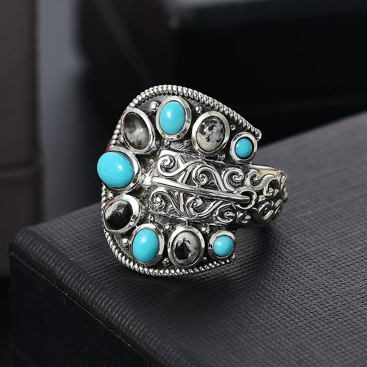 D'Joy Indian Artisan Crafted Sleeping Beauty Turquoise and White Buffalo 2.10 ctw Buckle Ring in Black Oxidized Sterling Silver (Size 9.0) image number 1