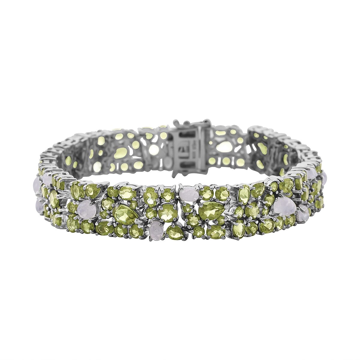 Peridot and Moon Glow Moonstone 30.70 ctw Celestial Bloom Bracelet in Rhodium Over Sterling Sil (8.00 In) image number 0