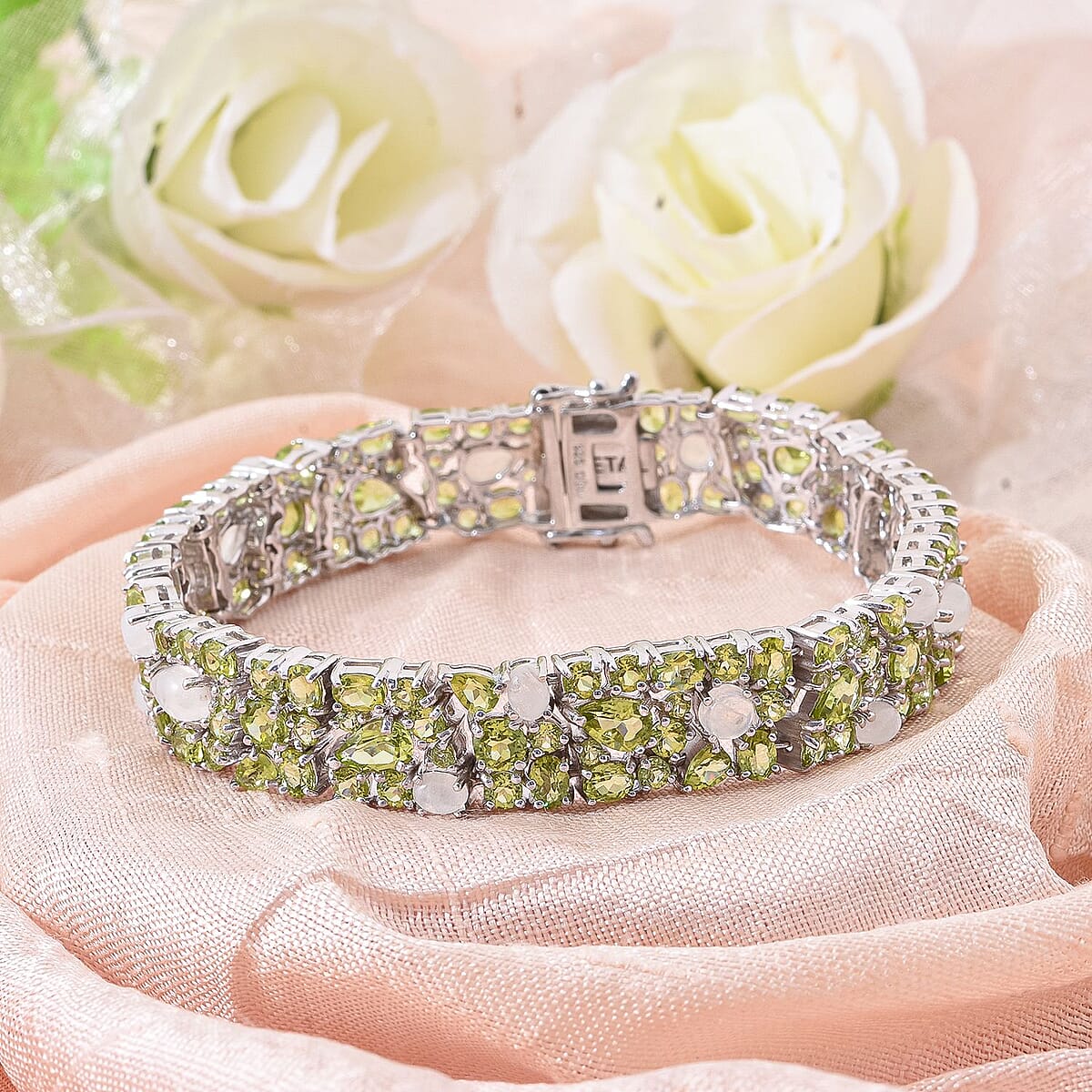 Peridot and Moon Glow Moonstone 30.70 ctw Celestial Bloom Bracelet in Rhodium Over Sterling Sil (8.00 In) image number 1