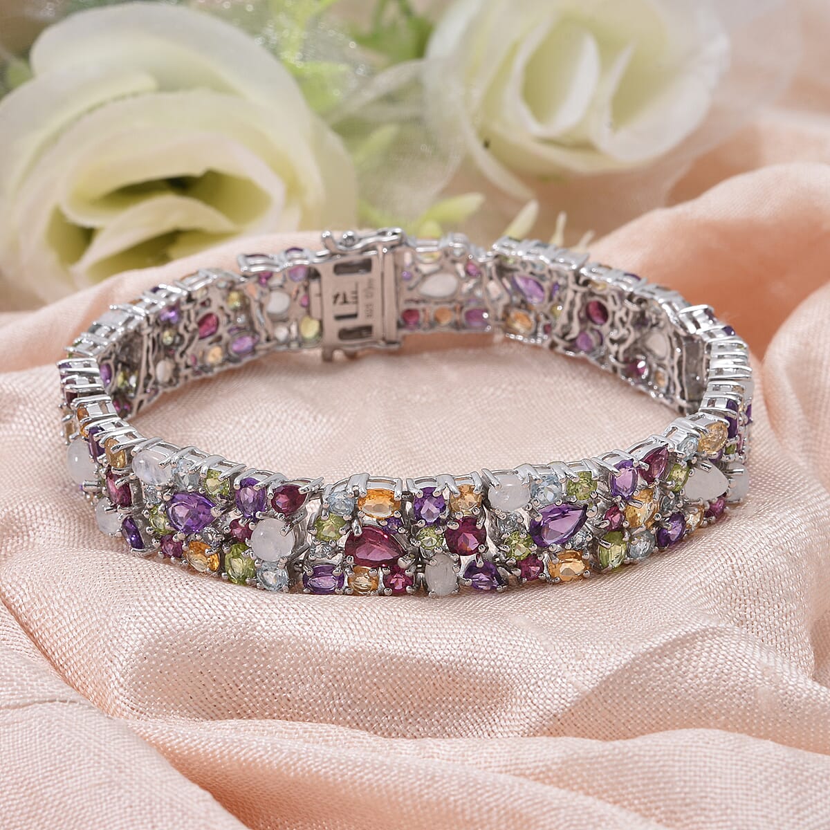 Multi Gemstones 30.70 ctw Celestial Bloom Bracelet in Rhodium Over Sterling Si (8.00 In) image number 1