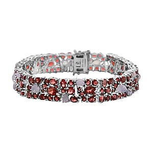 Mozambique Garnet and Moon Glow Moonstone 30.70 ctw Celestial Bloom Bracelet in Rhodium Over Sterling Silver (8.00 In)