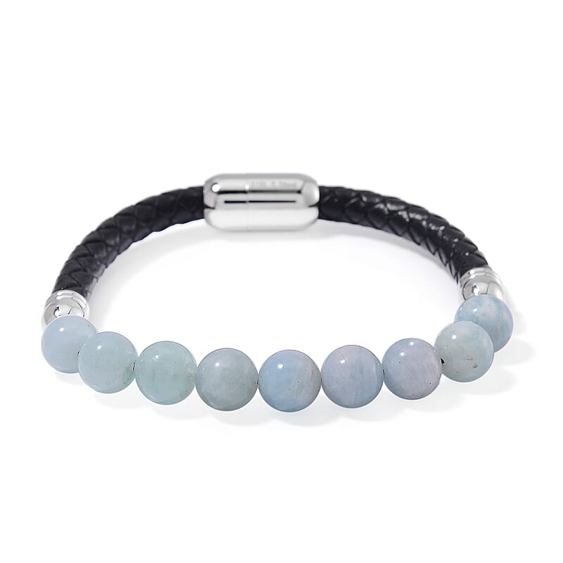 Mangoro Aquamarine 50.00 ctw Leather Cord Bracelet in Stainless Steel (7.25 In)