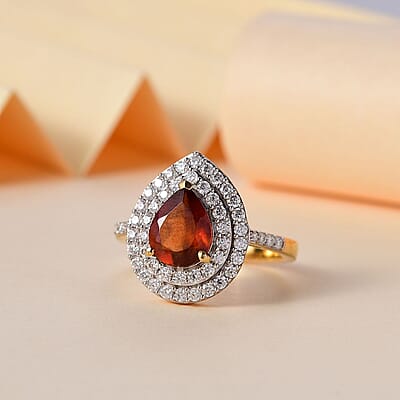 D'Joy Ceylon Hessonite Garnet and Moissanite 2.90 ctw Ring in 18K Vermeil Yellow Gold Over Sterling Silver (Size 10.0)
