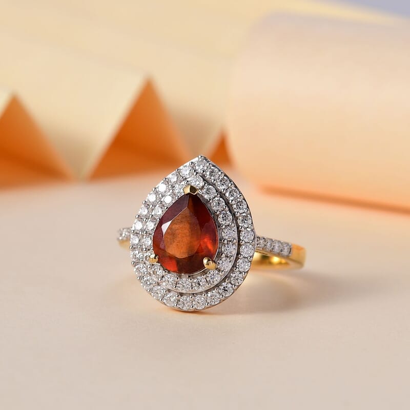 D'Joy Ceylon Hessonite Garnet and Moissanite 2.90 ctw Ring in 18K Vermeil Yellow Gold Over Sterling Silver (Size 10.0)