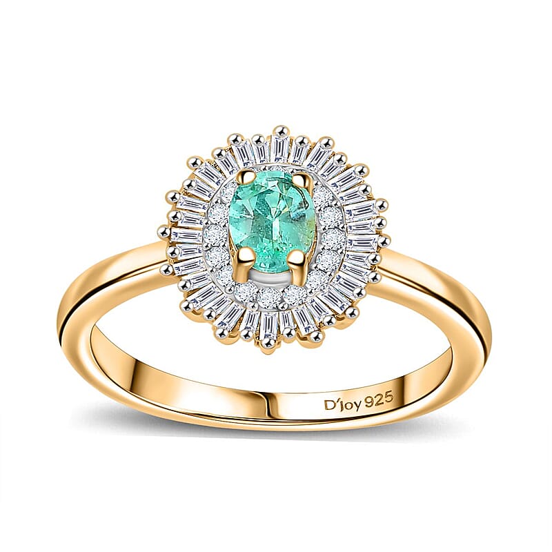 D'Joy AAA Boyaca Colombian Emerald and Diamond 0.65 ctw Double Halo Ring in 18K Vermeil Yellow Gold Over Sterling Silver (Size 6.0) 