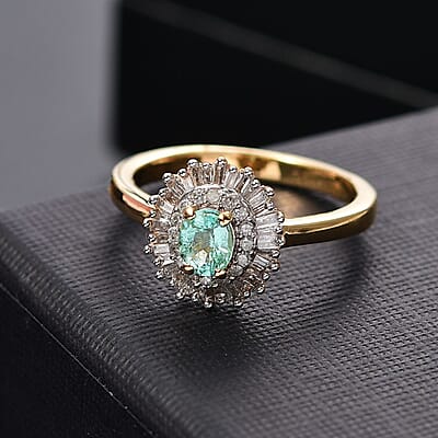 D'Joy AAA Boyaca Colombian Emerald and Diamond 0.65 ctw Double Halo Ring in 18K Vermeil Yellow Gold Over Sterling Silver (Size 6.0) 