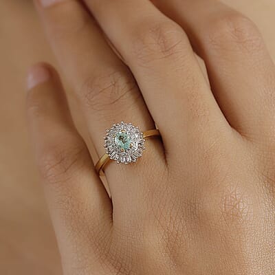 D'Joy AAA Boyaca Colombian Emerald and Diamond 0.65 ctw Double Halo Ring in 18K Vermeil Yellow Gold Over Sterling Silver (Size 6.0) 