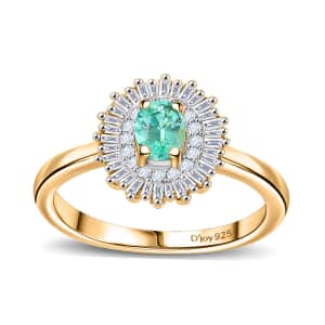 AAA Boyaca Colombian Emerald and Diamond 0.65 ctw Double Halo Ring in 18K Vermeil Yellow Gold Over Sterling Silver (Size 7.0)