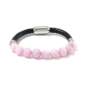 Kunzite 50.00 ctw Leather Cord Bracelet in Stainless Steel (7.75 In)