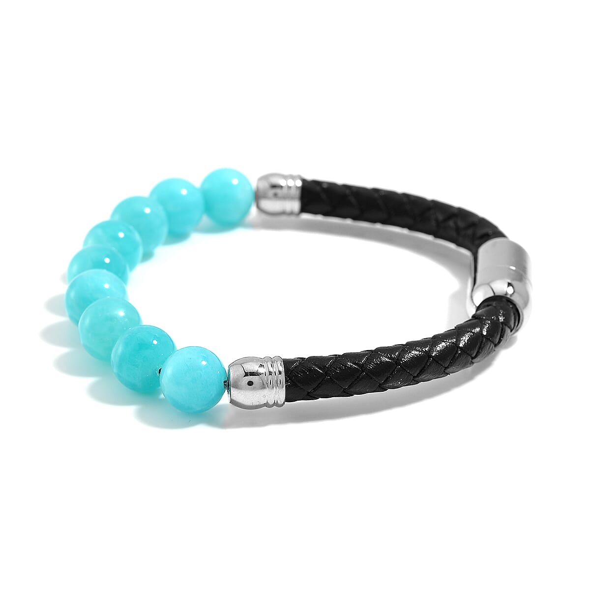 Amazonite 50.00 ctw Leather Cord Bracelet in Stainless Steel (7.75 In) image number 2