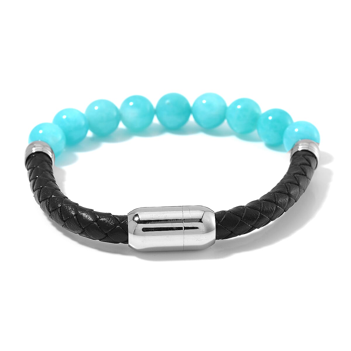 Amazonite 50.00 ctw Leather Cord Bracelet in Stainless Steel (7.75 In) image number 3
