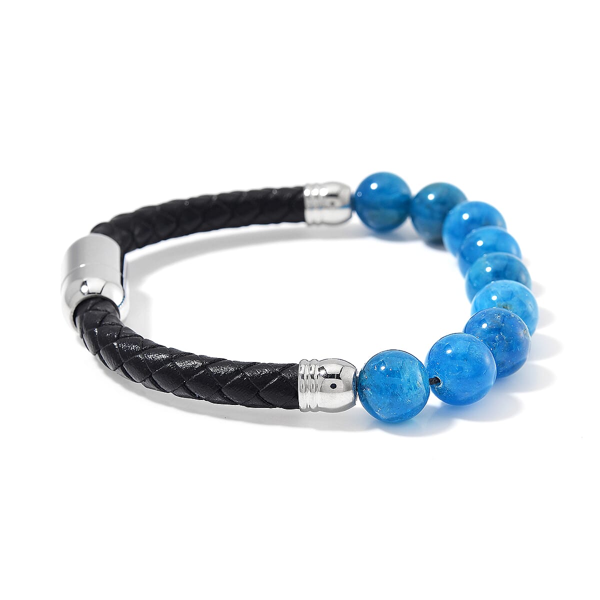 Blue Apatite 50.00 ctw Leather Cord Bracelet in Stainless Steel (7.75 In) image number 2