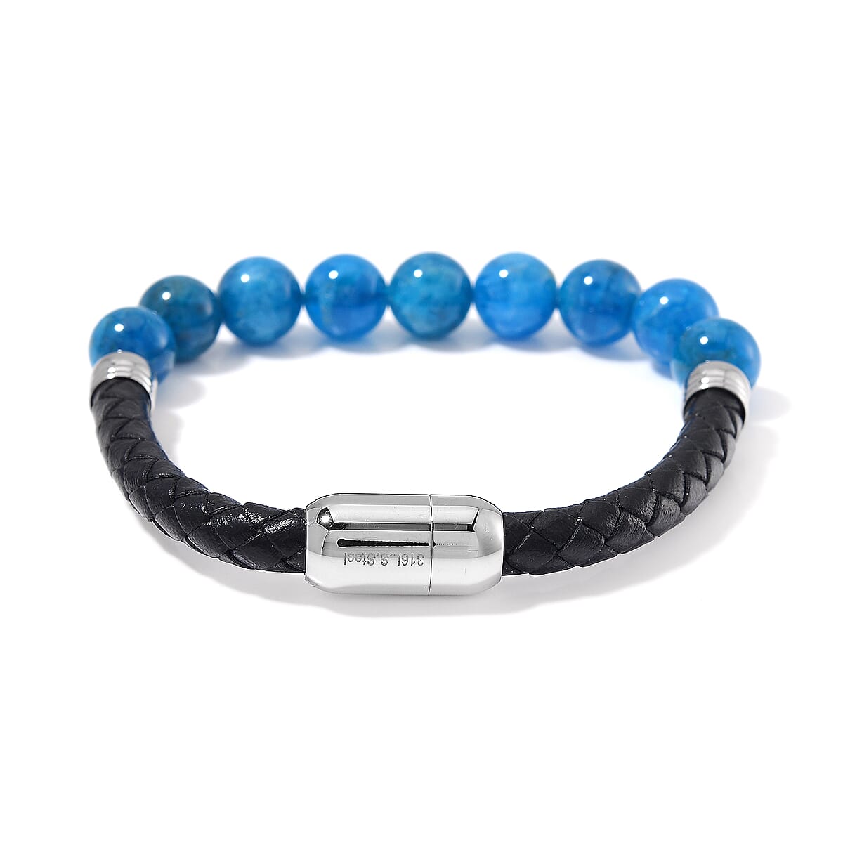 Blue Apatite 50.00 ctw Leather Cord Bracelet in Stainless Steel (7.75 In) image number 3