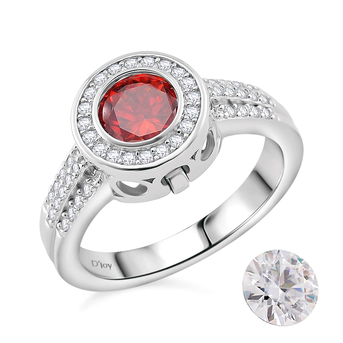 Red and White Moissanite (Rnd 7mm) Halo Ring in Rhodium Over Sterling Silver (Size 10.0) 2.75 ctw image number 0