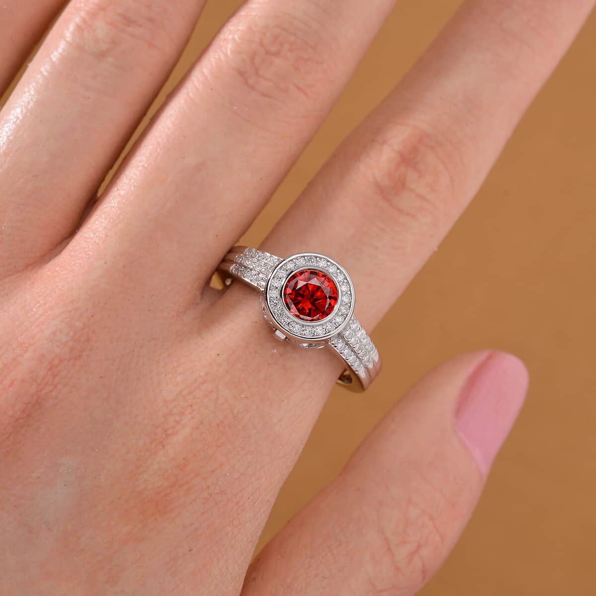 Red and White Moissanite (Rnd 7mm) Halo Ring in Rhodium Over Sterling Silver (Size 10.0) 2.75 ctw image number 1