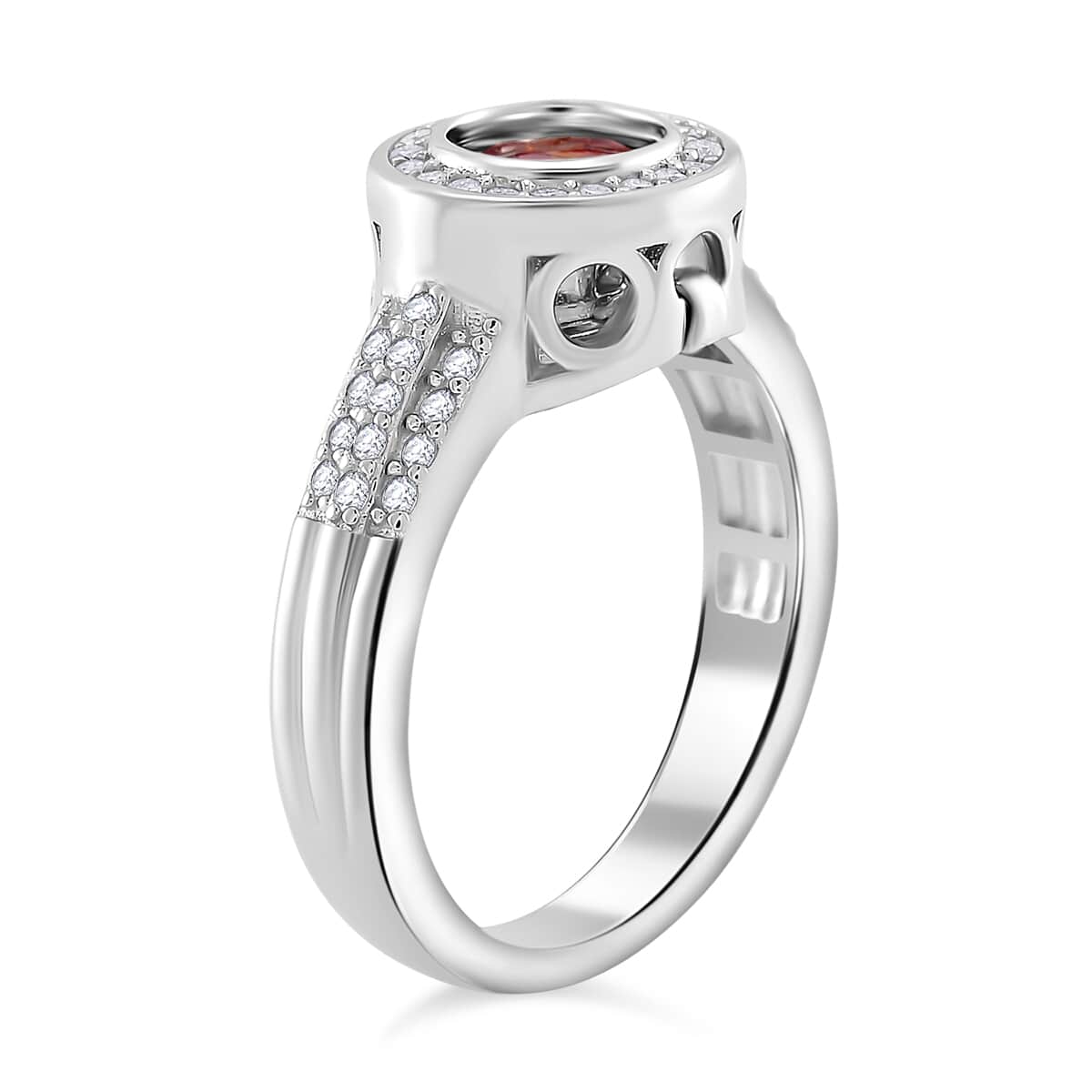 Red and White Moissanite (Rnd 7mm) Halo Ring in Rhodium Over Sterling Silver (Size 10.0) 2.75 ctw image number 3