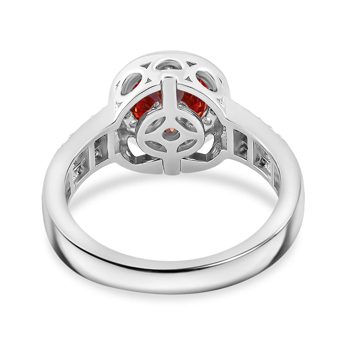 Red and White Moissanite (Rnd 7mm) Halo Ring in Rhodium Over Sterling Silver (Size 10.0) 2.75 ctw image number 4