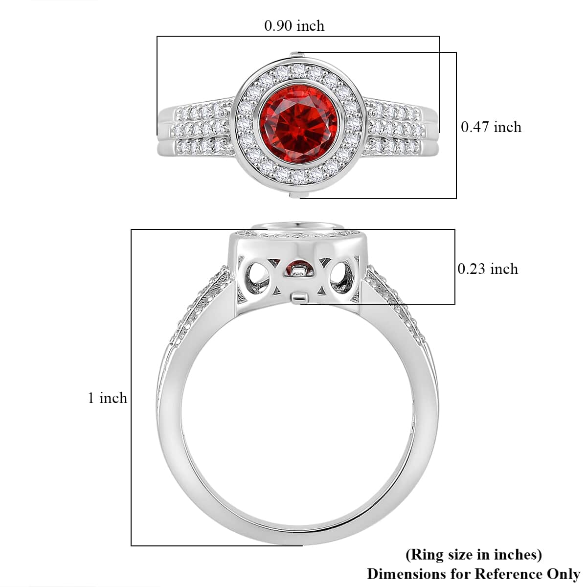 Red and White Moissanite (Rnd 7mm) Halo Ring in Rhodium Over Sterling Silver (Size 10.0) 2.75 ctw image number 6