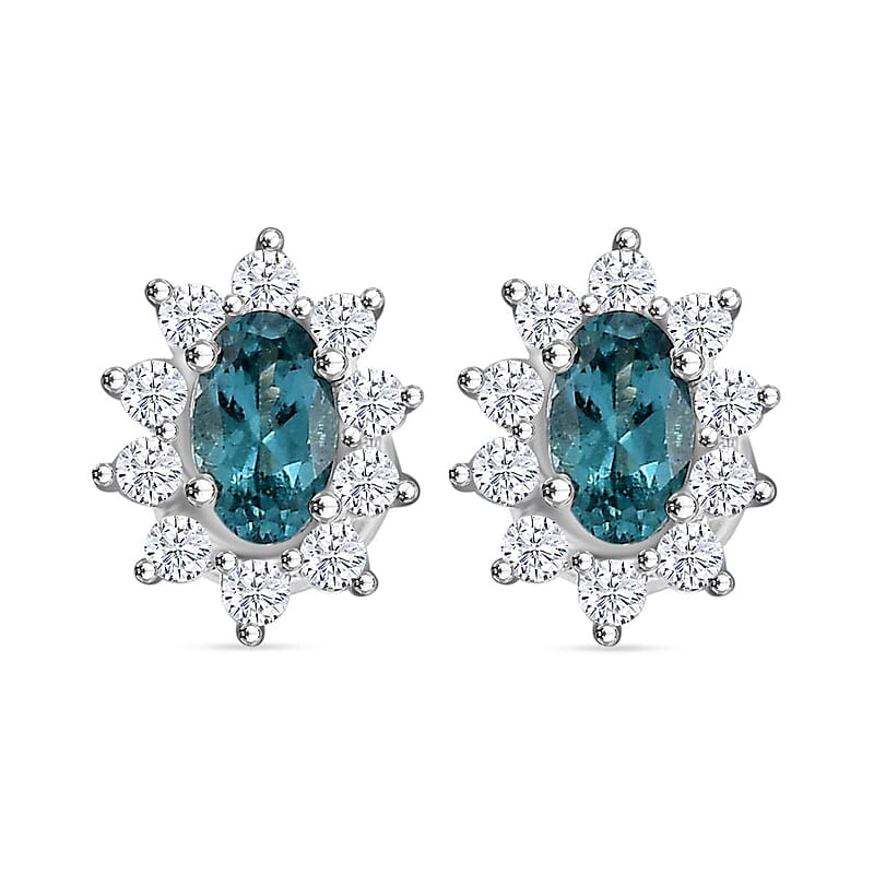 Premium Pirineu Lagoon Tourmaline and Moissanite 0.85 ctw Sunburst Earrings in Rhodium Over Sterling Silver