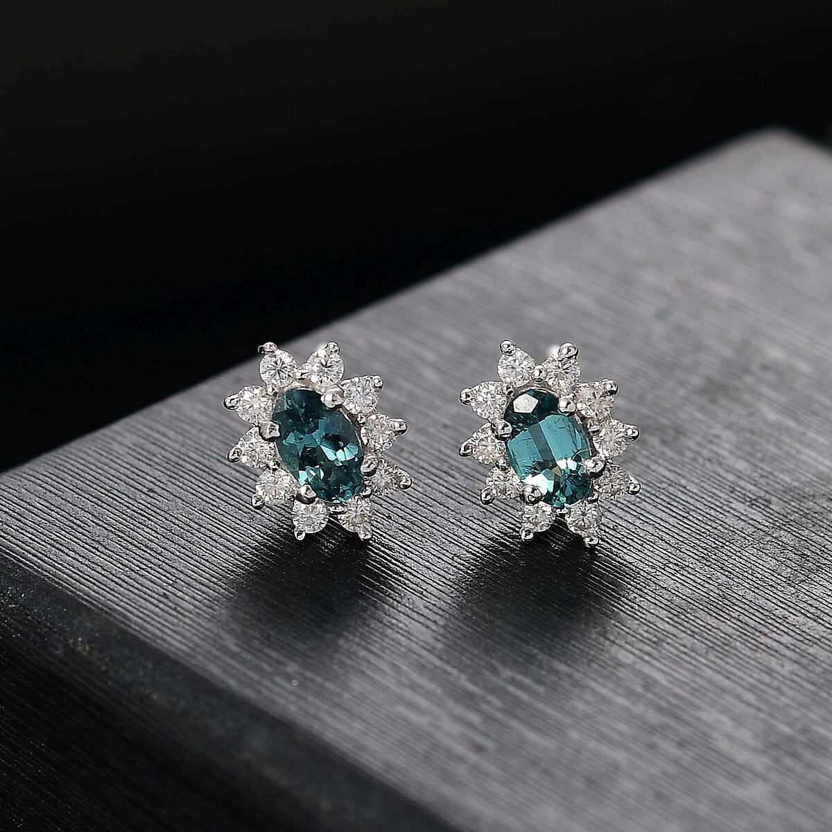 Premium Pirineu Lagoon Tourmaline and Moissanite 0.85 ctw Sunburst Earrings in Rhodium Over Sterling Silver image number 1