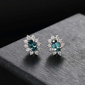Premium Pirineu Lagoon Tourmaline and Moissanite 0.85 ctw Sunburst Earrings in Rhodium Over Sterling Silver