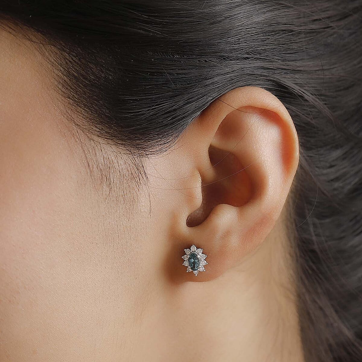 Premium Pirineu Lagoon Tourmaline and Moissanite 0.85 ctw Sunburst Earrings in Rhodium Over Sterling Silver image number 2