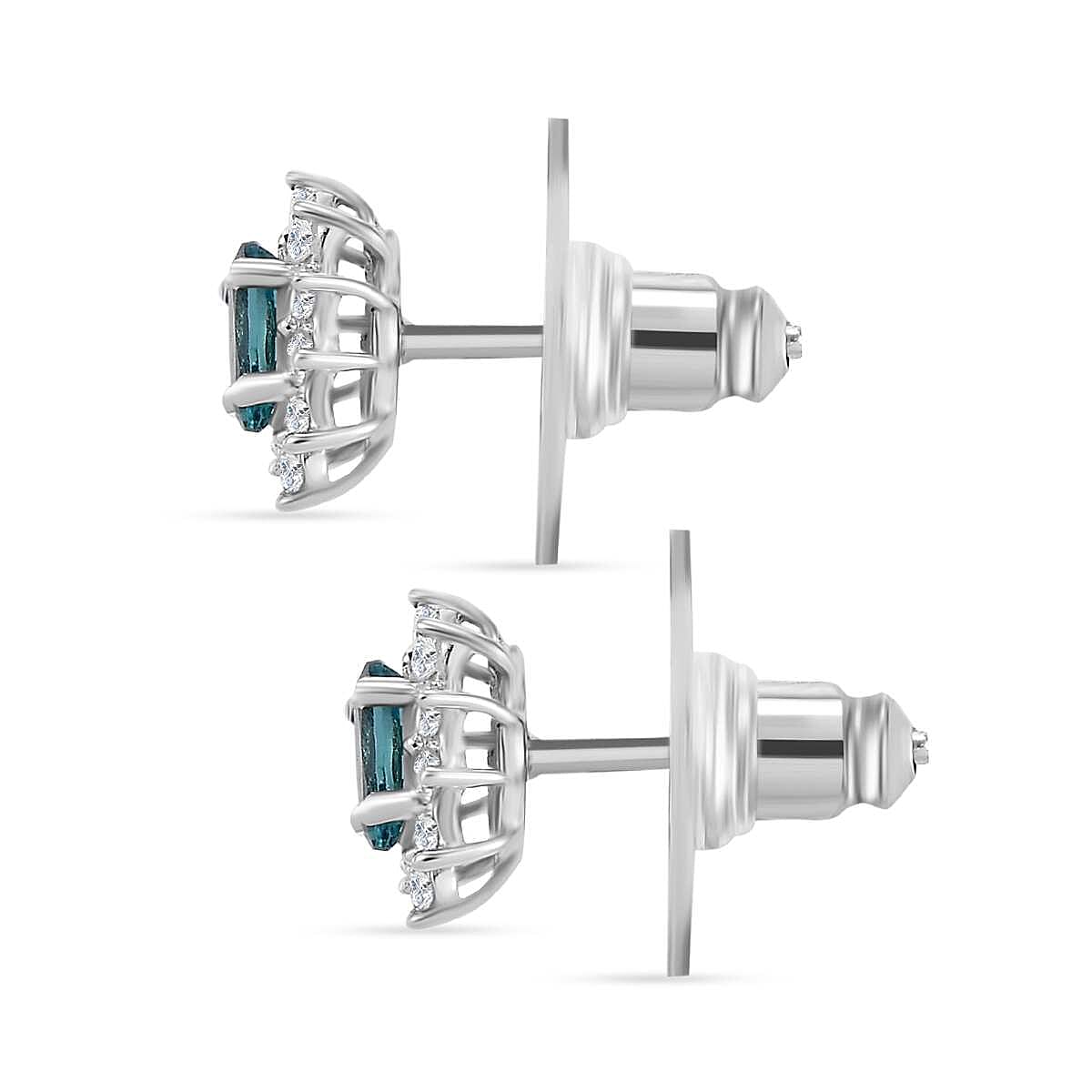 Premium Pirineu Lagoon Tourmaline and Moissanite 0.85 ctw Sunburst Earrings in Rhodium Over Sterling Silver image number 3