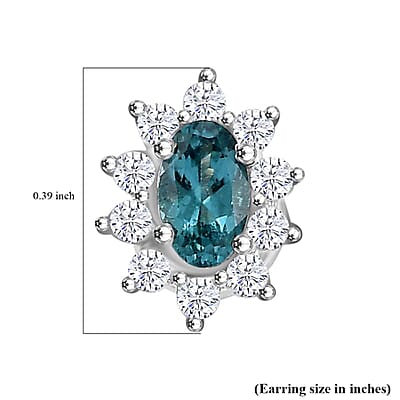 Premium Pirineu Lagoon Tourmaline and Moissanite 0.85 ctw Sunburst Earrings in Rhodium Over Sterling Silver