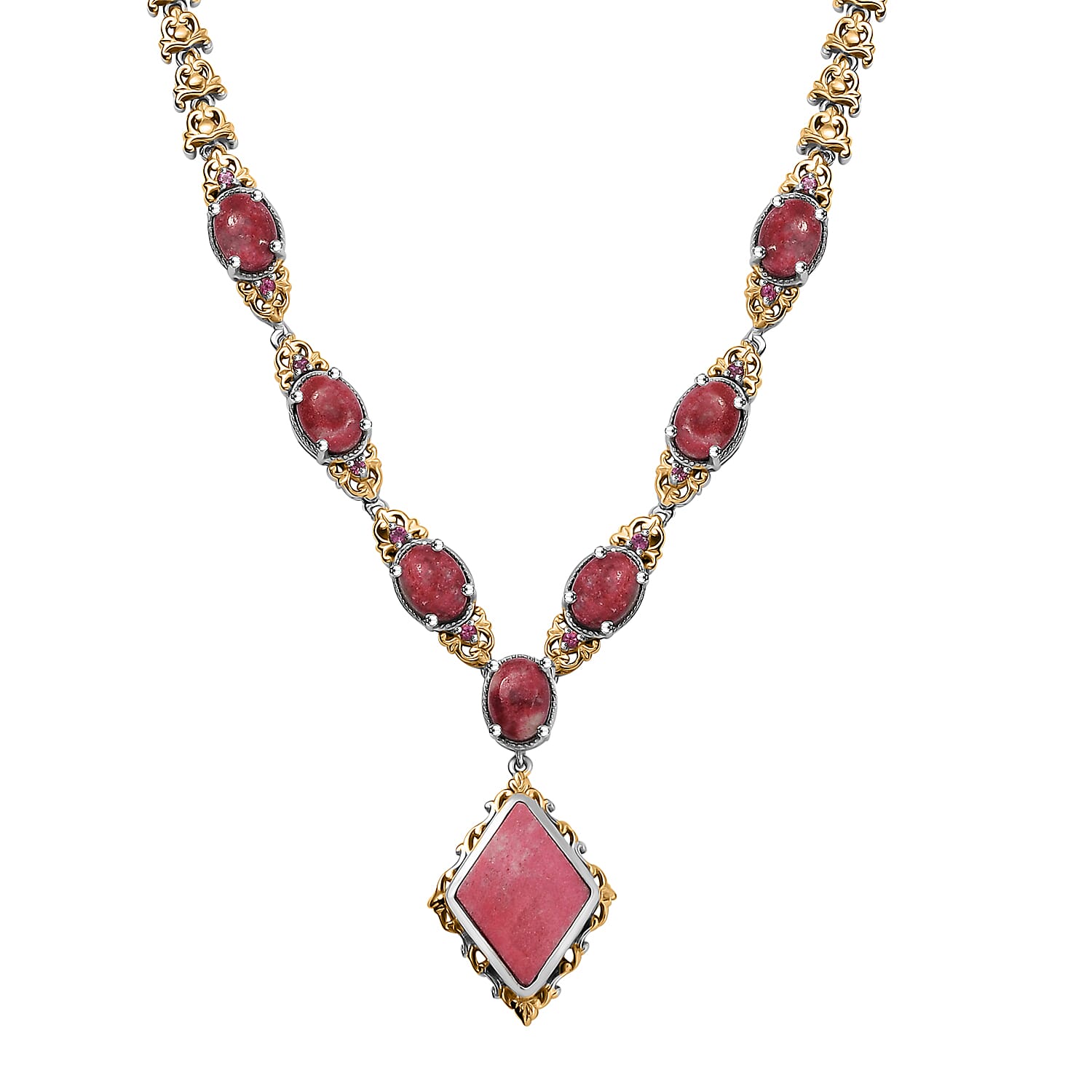 Karis Norwegian Thulite and Orissa Rhodolite Garnet 21.40 ctw Victorian Filigree Necklace in 18K YG Plated and Platinum Bond 18 Inches