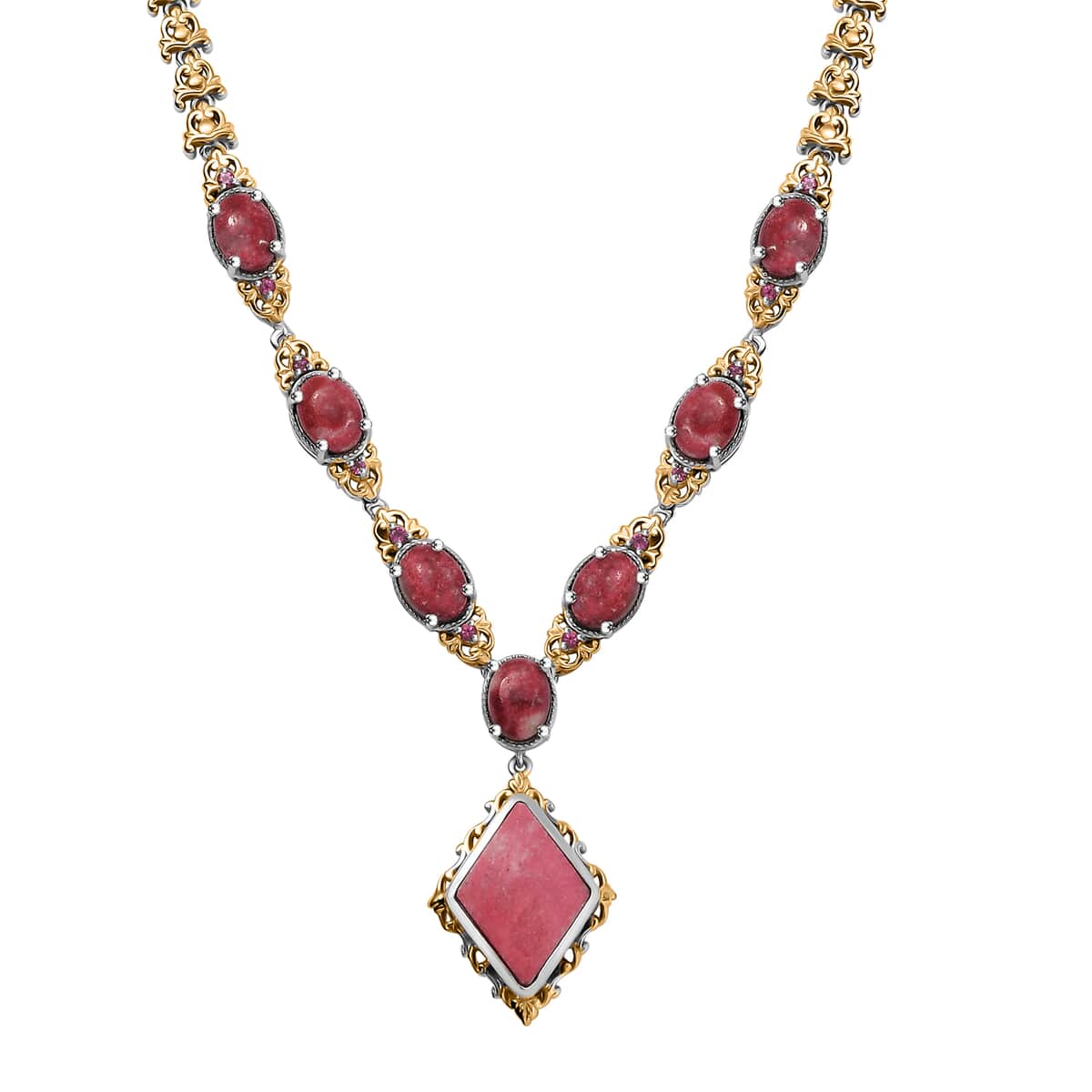 Karis Norwegian Thulite and Orissa Rhodolite Garnet 21.40 ctw Victorian Filigree Necklace in 18K YG Plated and Platinum Bond 18 Inches (Del. in 10-12 Days) image number 0