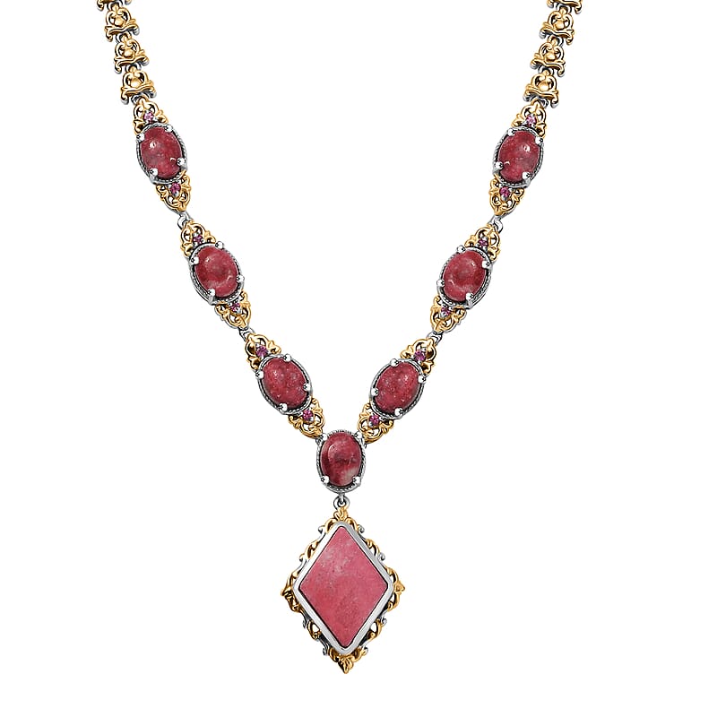 Karis Norwegian Thulite and Orissa Rhodolite Garnet 21.40 ctw Victorian Filigree Necklace in 18K YG Plated and Platinum Bond 18 Inches