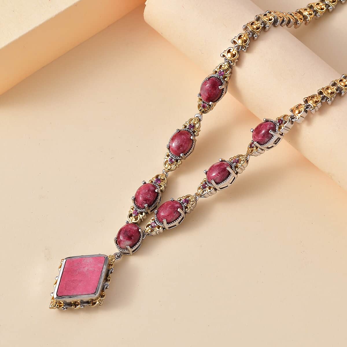 Karis Norwegian Thulite and Orissa Rhodolite Garnet 21.40 ctw Victorian Filigree Necklace in 18K YG Plated and Platinum Bond 18 Inches (Del. in 10-12 Days) image number 1