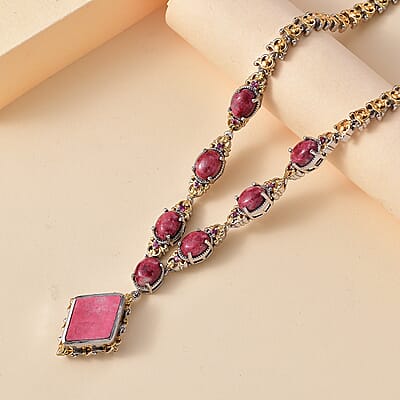 Karis Norwegian Thulite and Orissa Rhodolite Garnet 21.40 ctw Victorian Filigree Necklace in 18K YG Plated and Platinum Bond 18 Inches