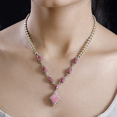 Karis Norwegian Thulite and Orissa Rhodolite Garnet 21.40 ctw Victorian Filigree Necklace in 18K YG Plated and Platinum Bond 18 Inches