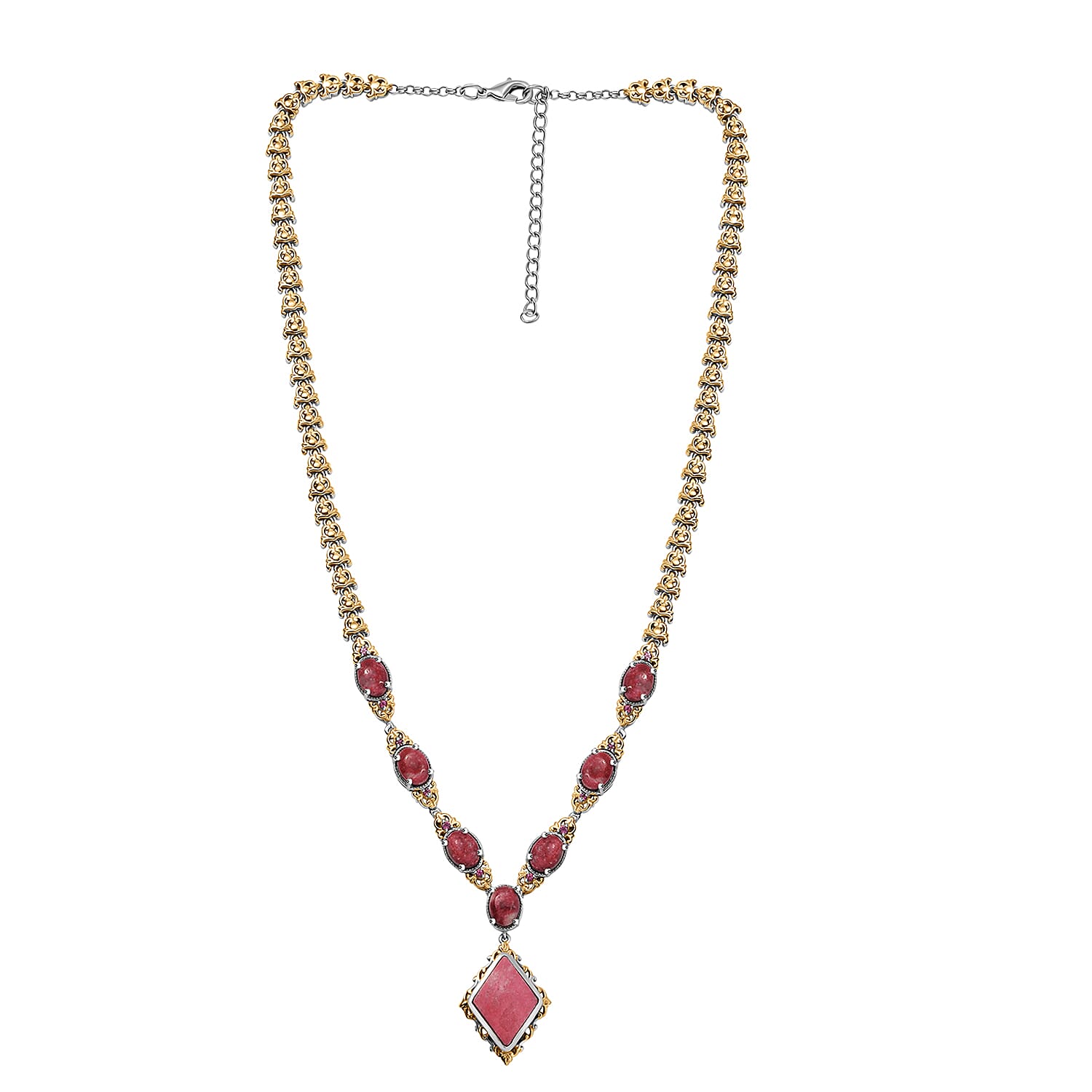 Karis Norwegian Thulite and Orissa Rhodolite Garnet 21.40 ctw Victorian Filigree Necklace in 18K YG Plated and Platinum Bond 18 Inches