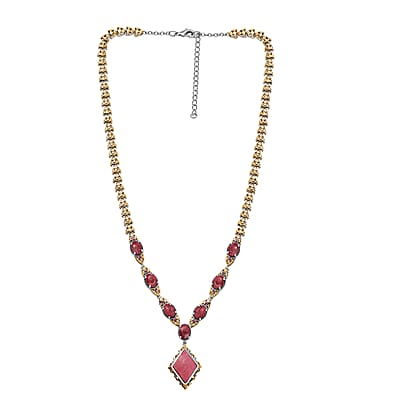 Karis Norwegian Thulite and Orissa Rhodolite Garnet 21.40 ctw Victorian Filigree Necklace in 18K YG Plated and Platinum Bond 18 Inches