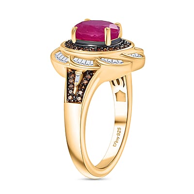 D'Joy AAA Royal Ruby, Red Diamond IR and Diamond 2.25 ctw Royal Scarlet Ring in 18K Vermeil Yellow Gold Over Sterling Silver (Size 10.0)