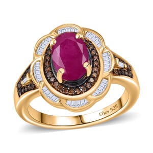 AAA Royal Ruby, Red Diamond IR and Diamond 2.25 ctw Royal Scarlet Ring in 18K Vermeil Yellow Gold Over Sterling Silver (Size 7.0)