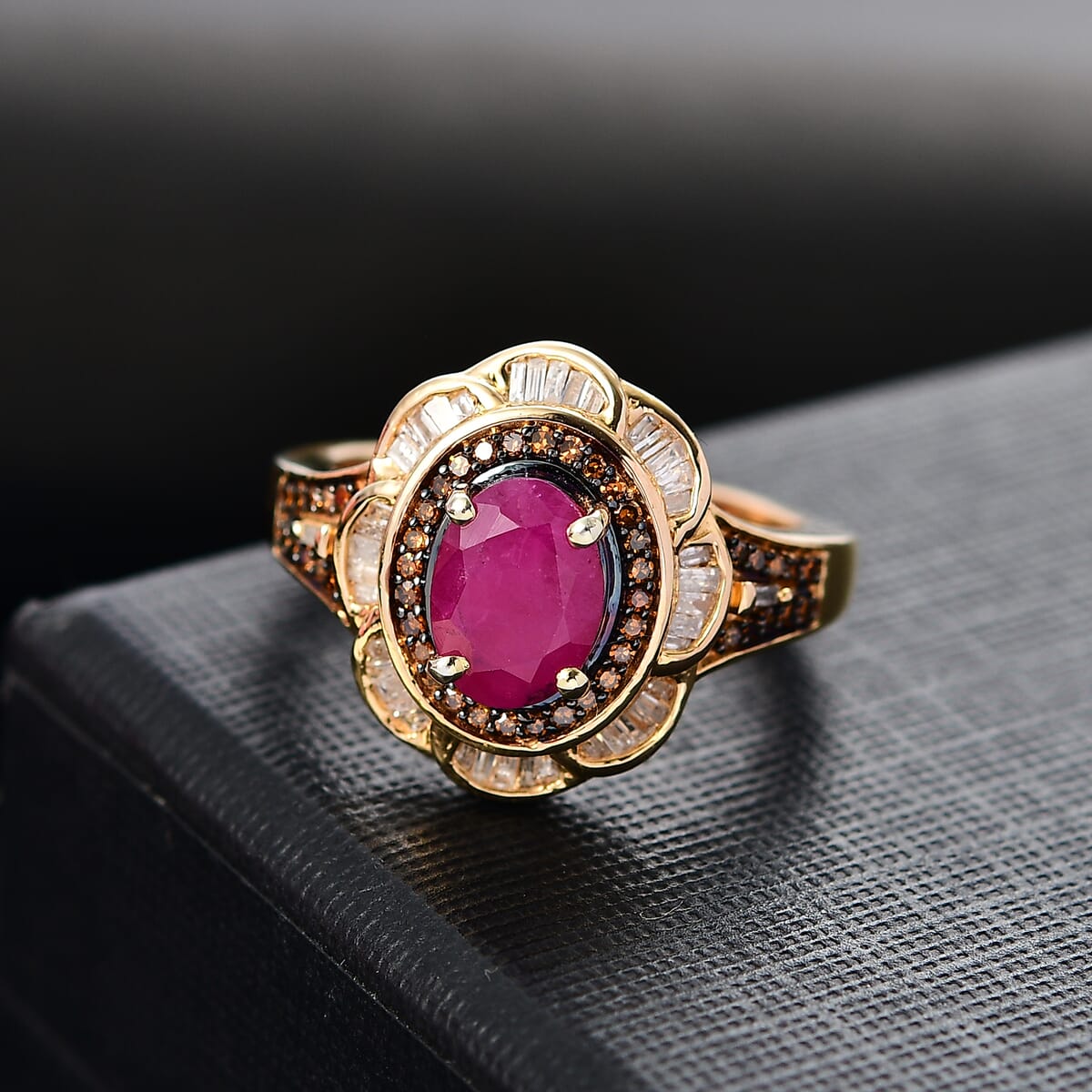 AAA Royal Ruby, Red Diamond IR and Diamond 2.25 ctw Royal Scarlet Ring in 18K Vermeil Yellow Gold Over Sterling Silver (Size 8.0) image number 1