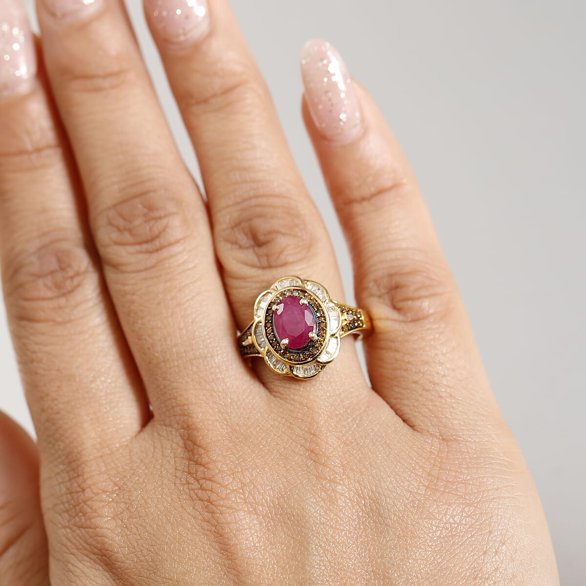 AAA Royal Ruby, Red Diamond IR and Diamond 2.25 ctw Royal Scarlet Ring in 18K Vermeil Yellow Gold Over Sterling Silver (Size 8.0) image number 2