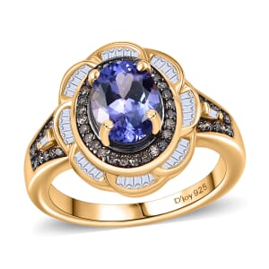 Tanzanite, Natural Champagne and White Diamond 1.85 ctw Royal Scarlet Ring in 18K Vermeil Yellow Gold Over Sterling Silver (Size 7.0)